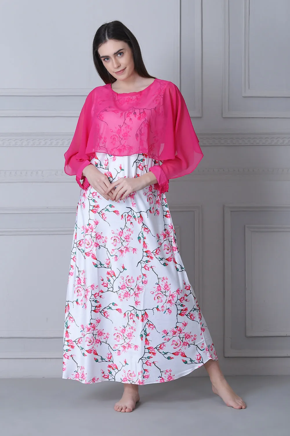 Floral Print Satin Nighty with Chiffon cape White & Pink