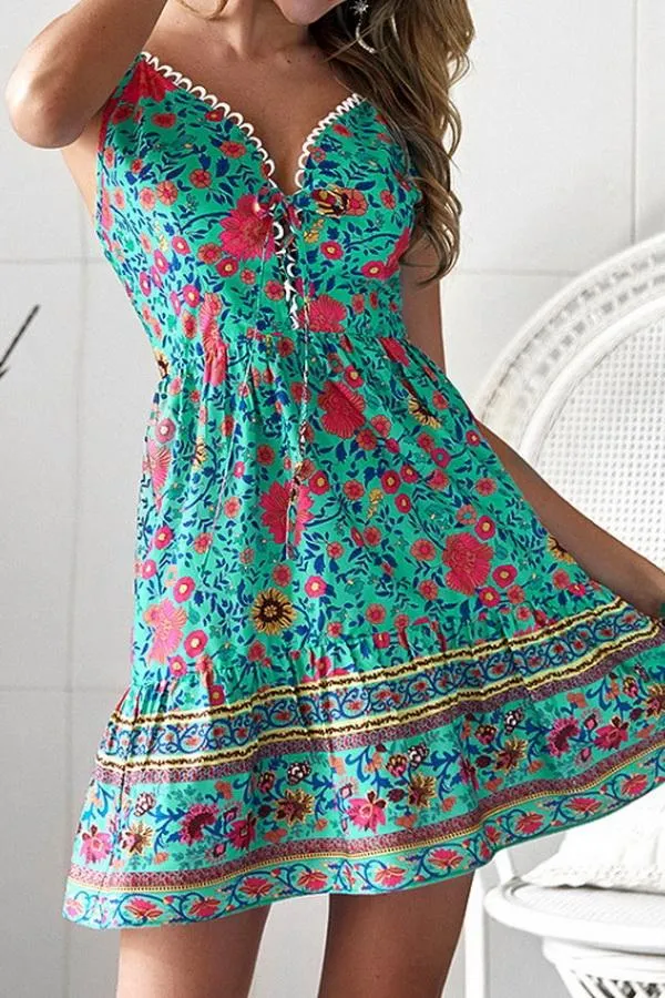 Floral Print V Neck Bohemian Dress