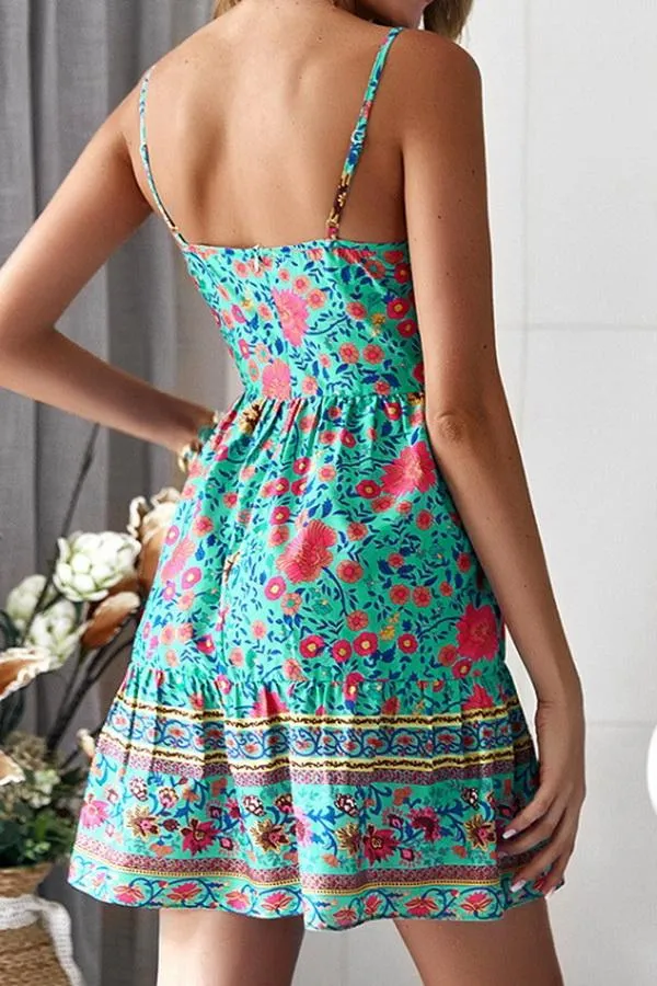 Floral Print V Neck Bohemian Dress