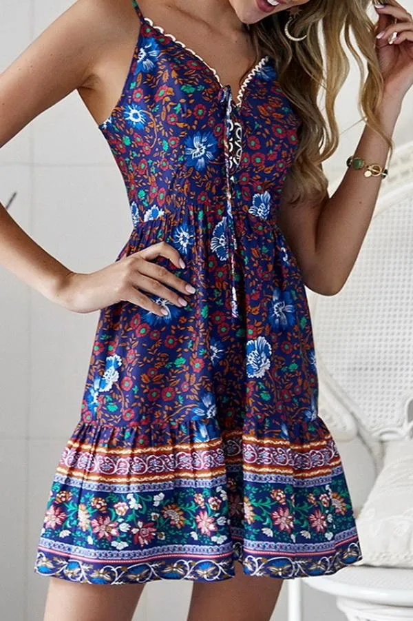 Floral Print V Neck Bohemian Dress