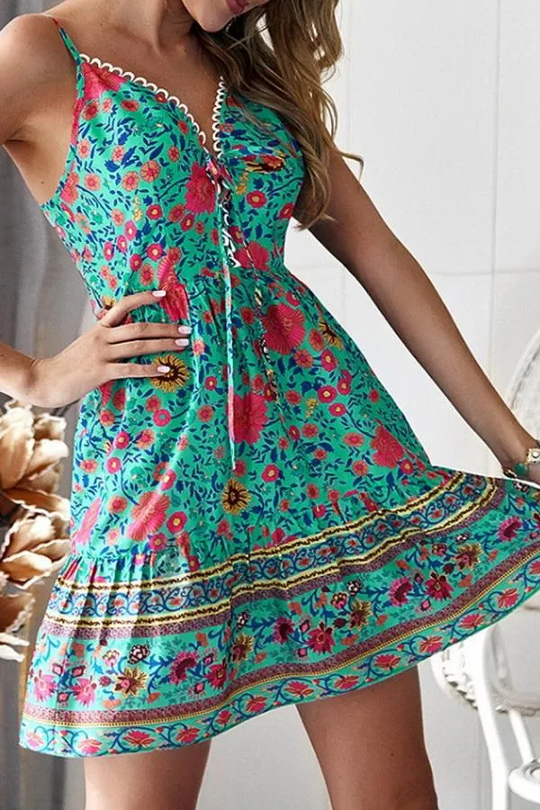 Floral Print V Neck Bohemian Dress