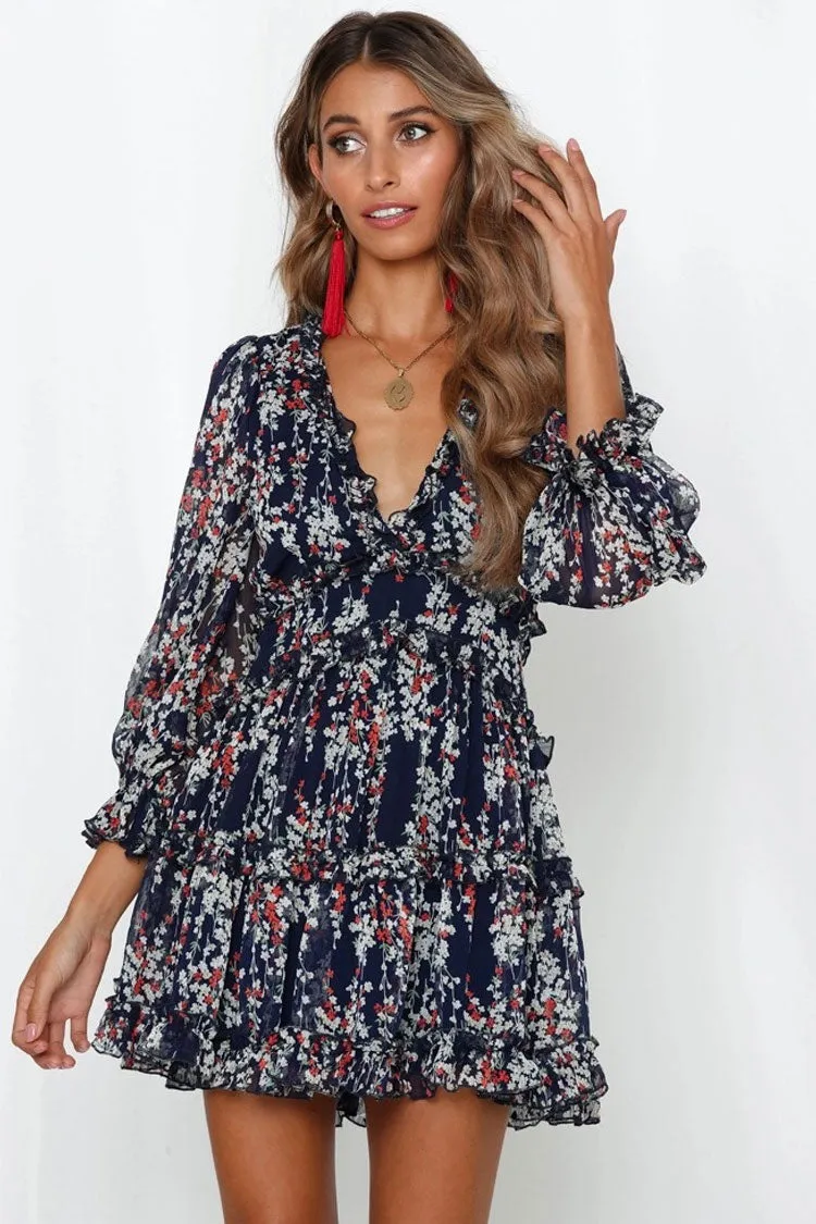 Floral Print V Neck Chiffon Ruffle Beach Vacation Dress - Navy Blue