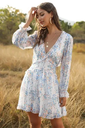 Floral V-neck Ruffles Chiffon Dress