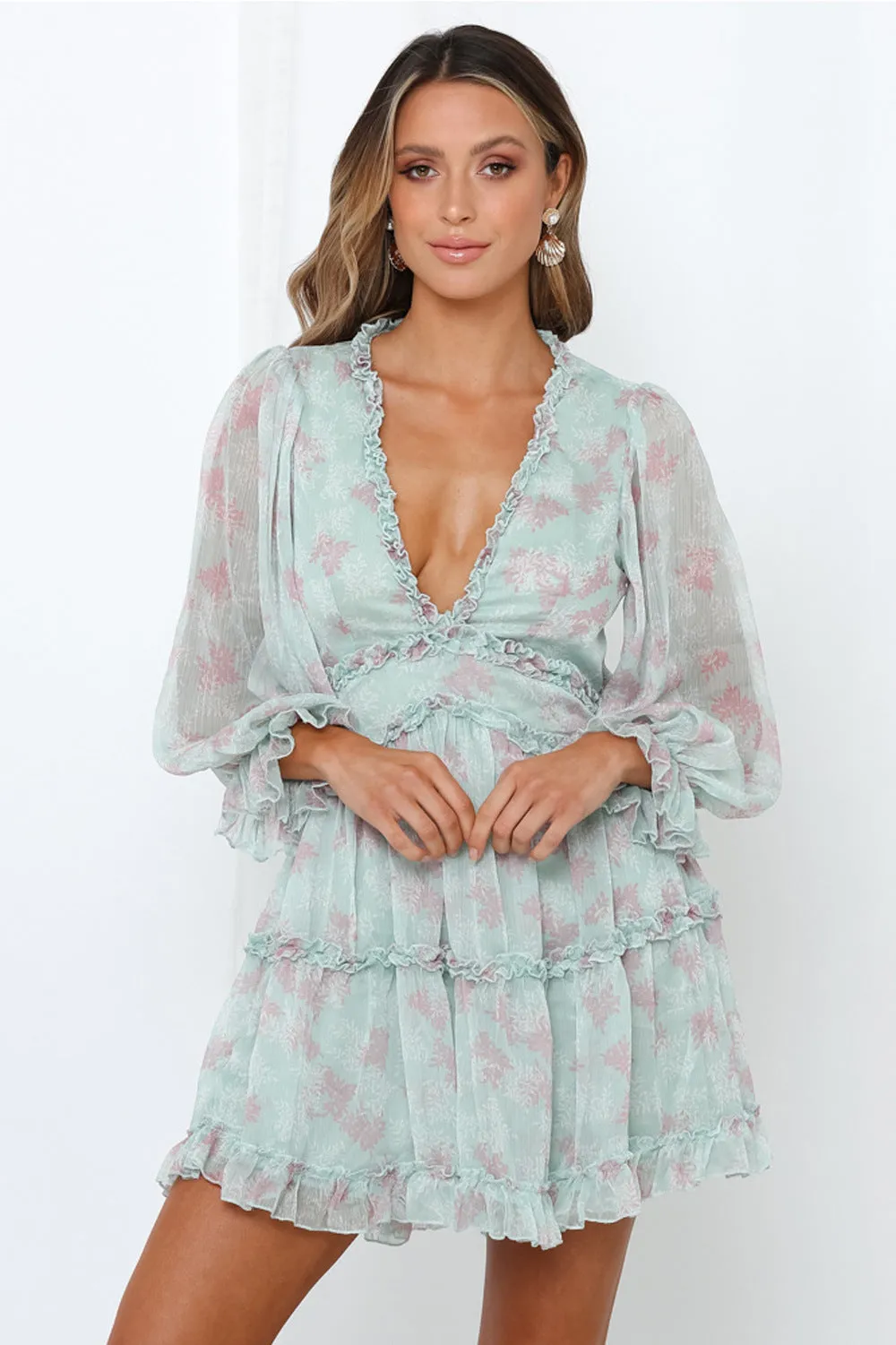 Floral V-neck Ruffles Chiffon Dress