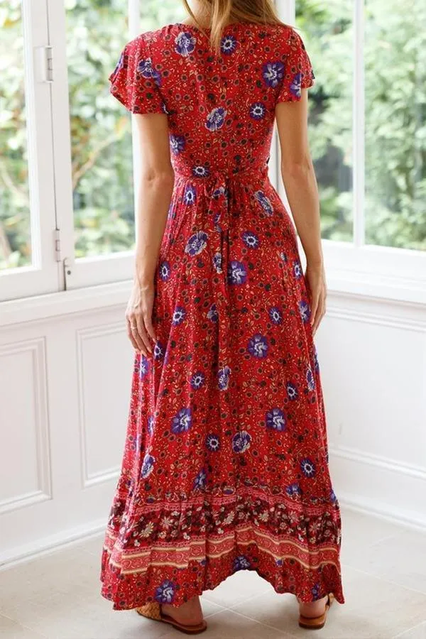 Floral V Neck Slit Bohemian Dress