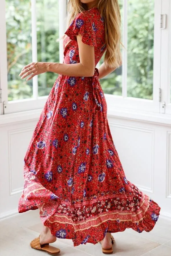 Floral V Neck Slit Bohemian Dress