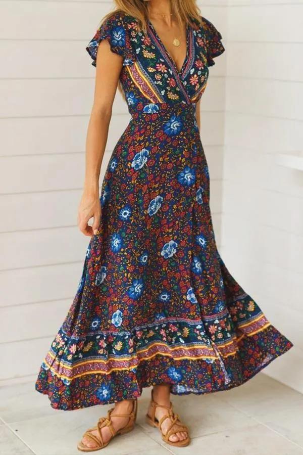 Floral V Neck Slit Bohemian Dress