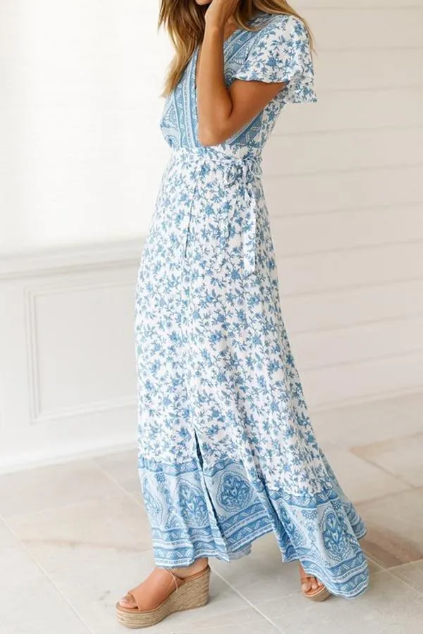 Floral V Neck Slit Bohemian Dress