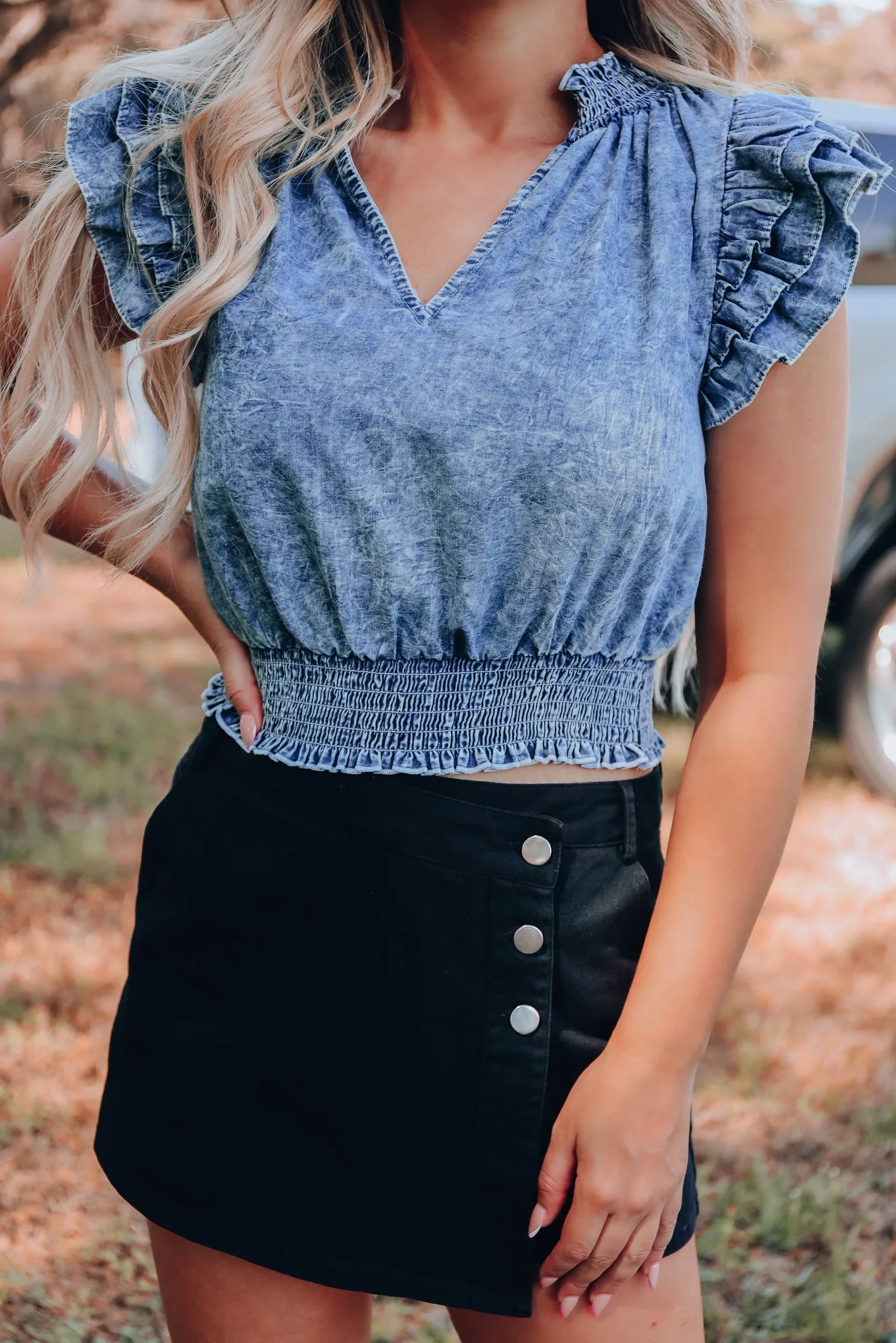 Flounce Sleeve Denim Crop Top