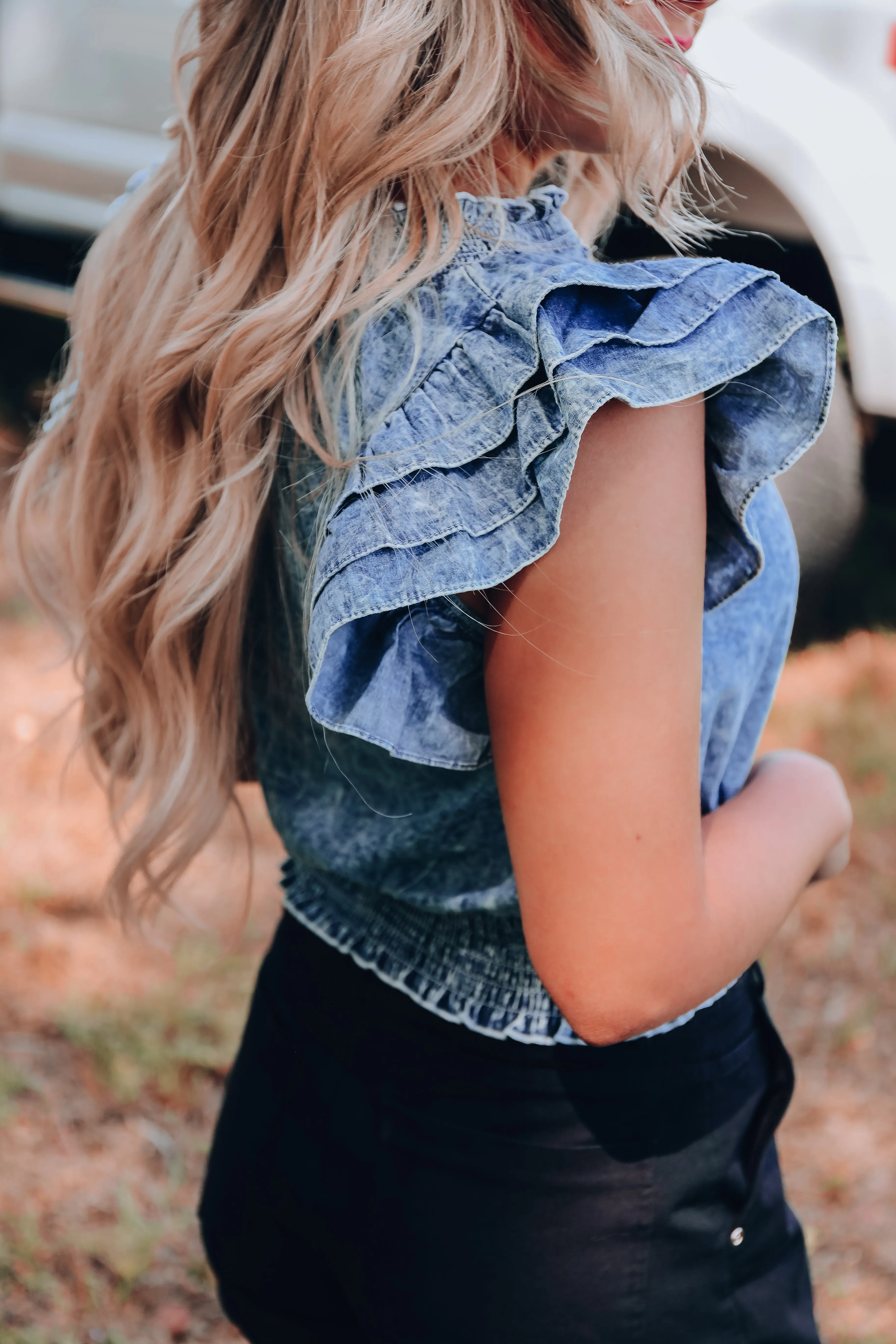 Flounce Sleeve Denim Crop Top