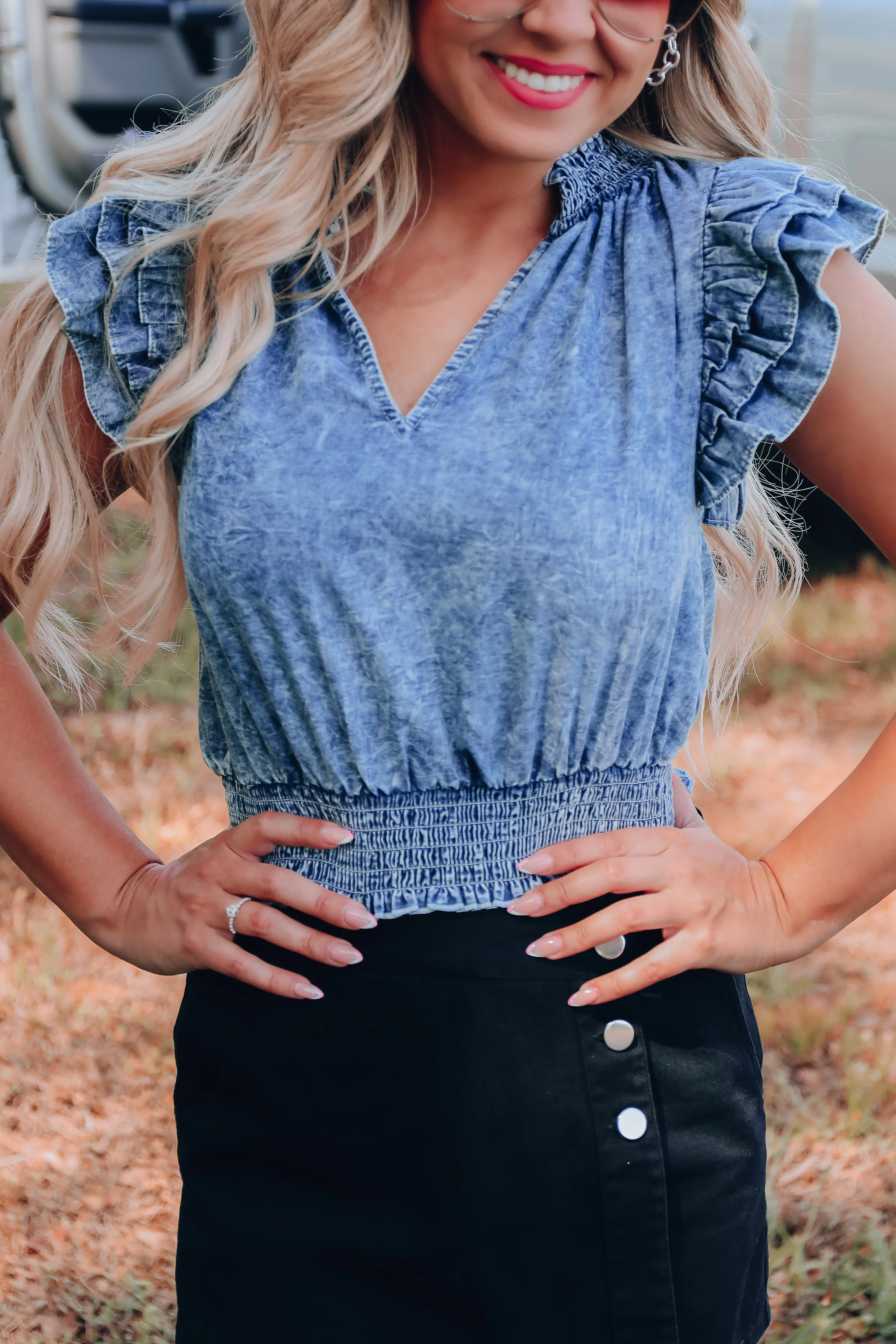 Flounce Sleeve Denim Crop Top