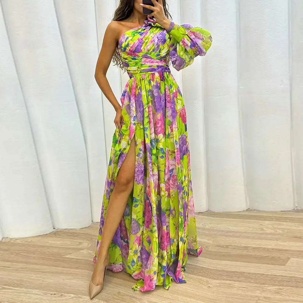 FLYTONN-Women Evening Dress One Shoulder Backless Colorful Flower Print Dress Single Long Sleeves Side Split Floor Length Maxi Dress