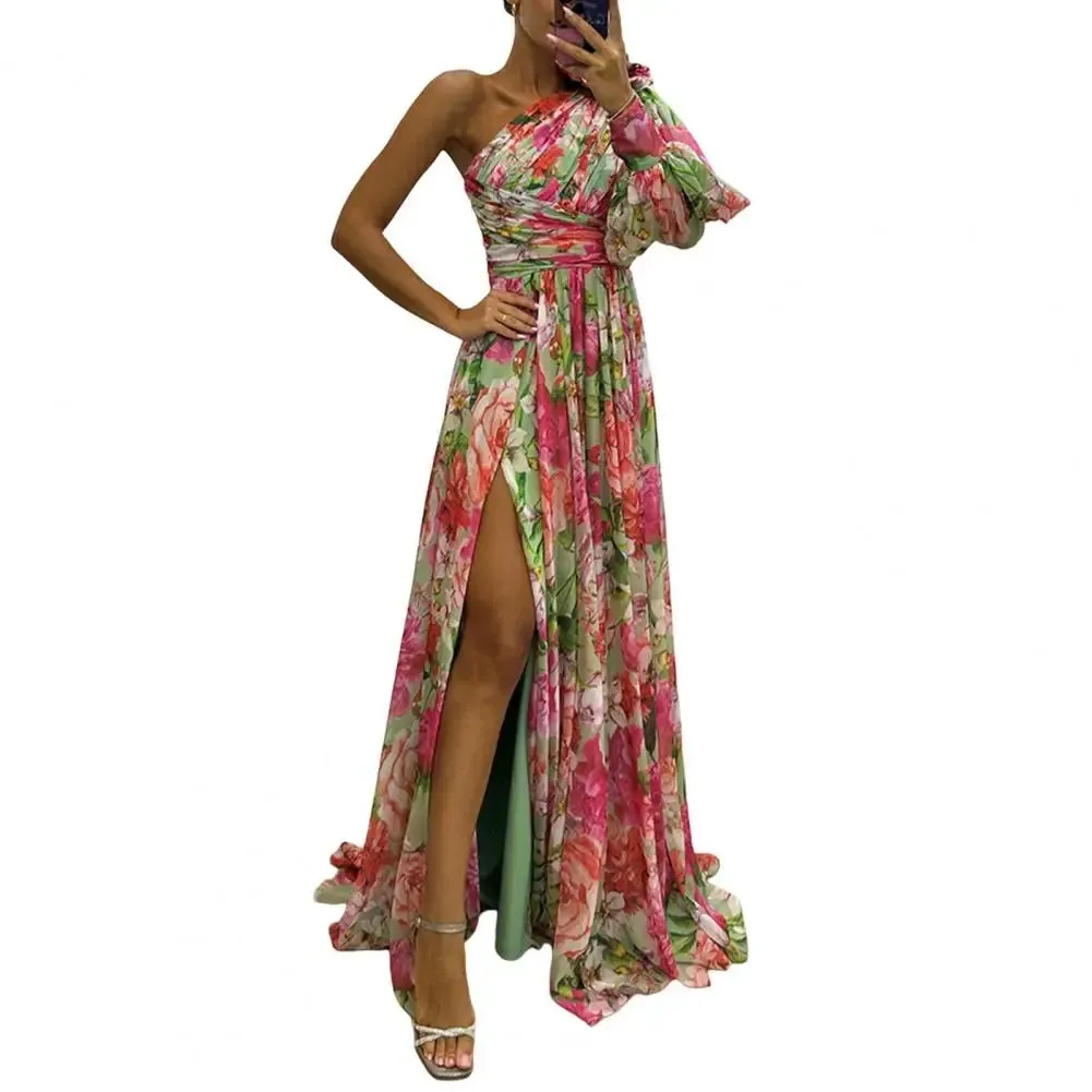 FLYTONN-Women Evening Dress One Shoulder Backless Colorful Flower Print Dress Single Long Sleeves Side Split Floor Length Maxi Dress