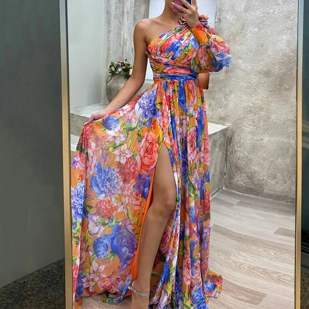 FLYTONN-Women Evening Dress One Shoulder Backless Colorful Flower Print Dress Single Long Sleeves Side Split Floor Length Maxi Dress