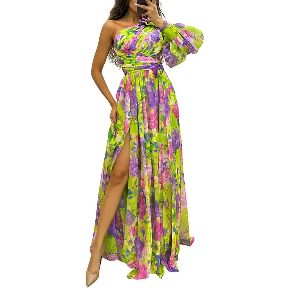 FLYTONN-Women Evening Dress One Shoulder Backless Colorful Flower Print Dress Single Long Sleeves Side Split Floor Length Maxi Dress