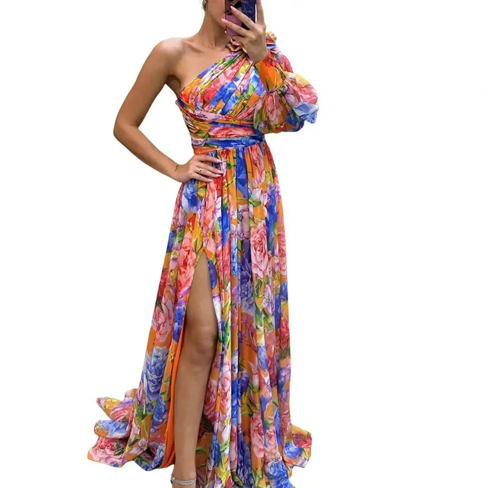 FLYTONN-Women Evening Dress One Shoulder Backless Colorful Flower Print Dress Single Long Sleeves Side Split Floor Length Maxi Dress