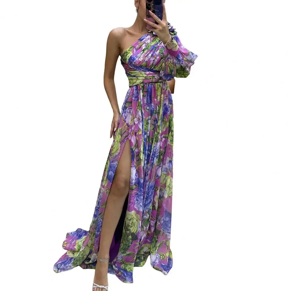 FLYTONN-Women Evening Dress One Shoulder Backless Colorful Flower Print Dress Single Long Sleeves Side Split Floor Length Maxi Dress