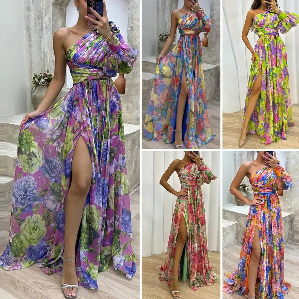 FLYTONN-Women Evening Dress One Shoulder Backless Colorful Flower Print Dress Single Long Sleeves Side Split Floor Length Maxi Dress