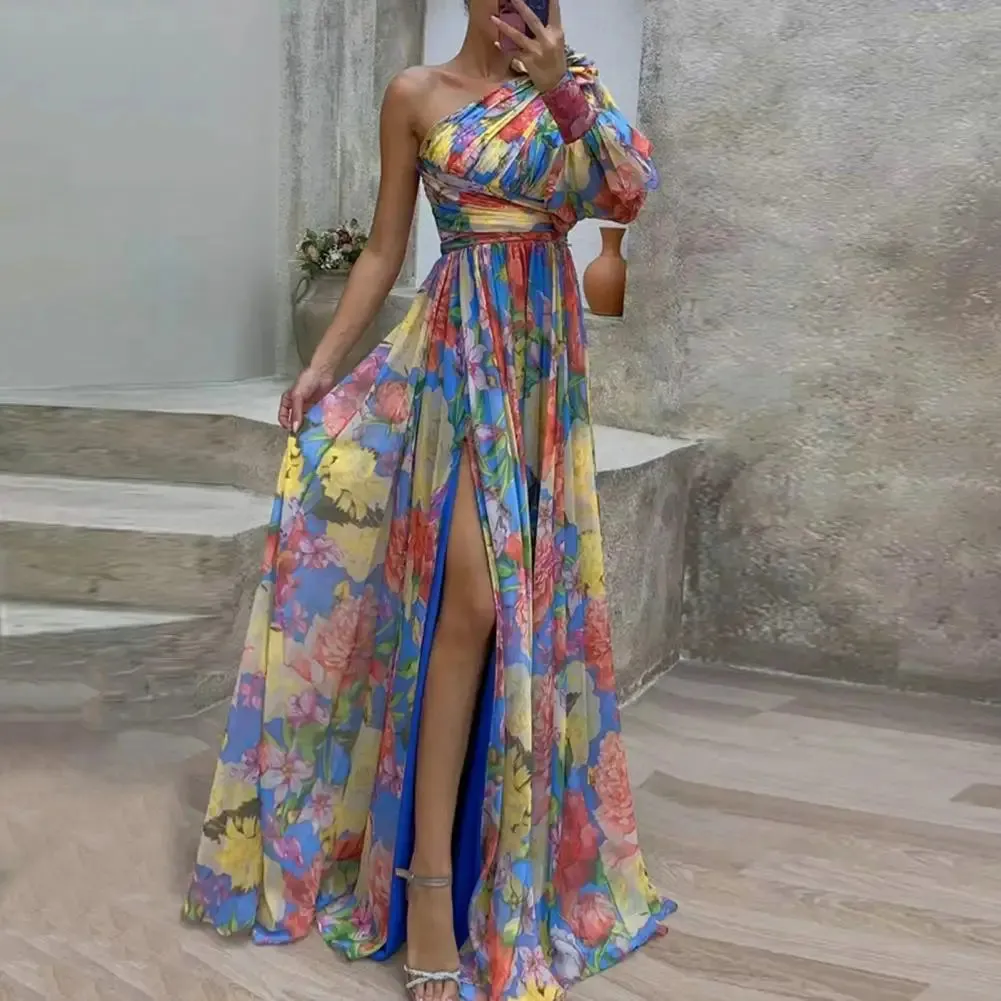 FLYTONN-Women Evening Dress One Shoulder Backless Colorful Flower Print Dress Single Long Sleeves Side Split Floor Length Maxi Dress