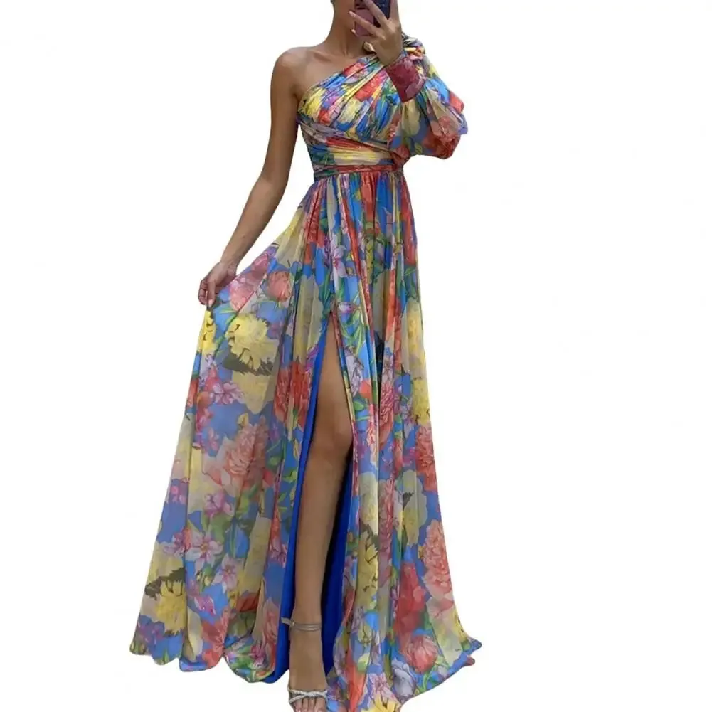 FLYTONN-Women Evening Dress One Shoulder Backless Colorful Flower Print Dress Single Long Sleeves Side Split Floor Length Maxi Dress