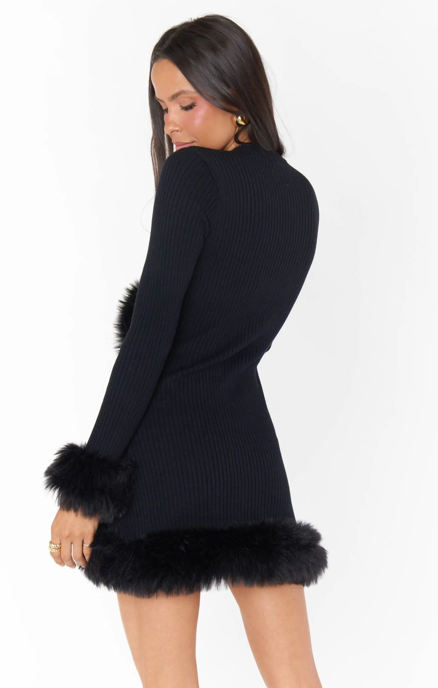 Fran Mini Dress | Black Knit w/Faux Fur