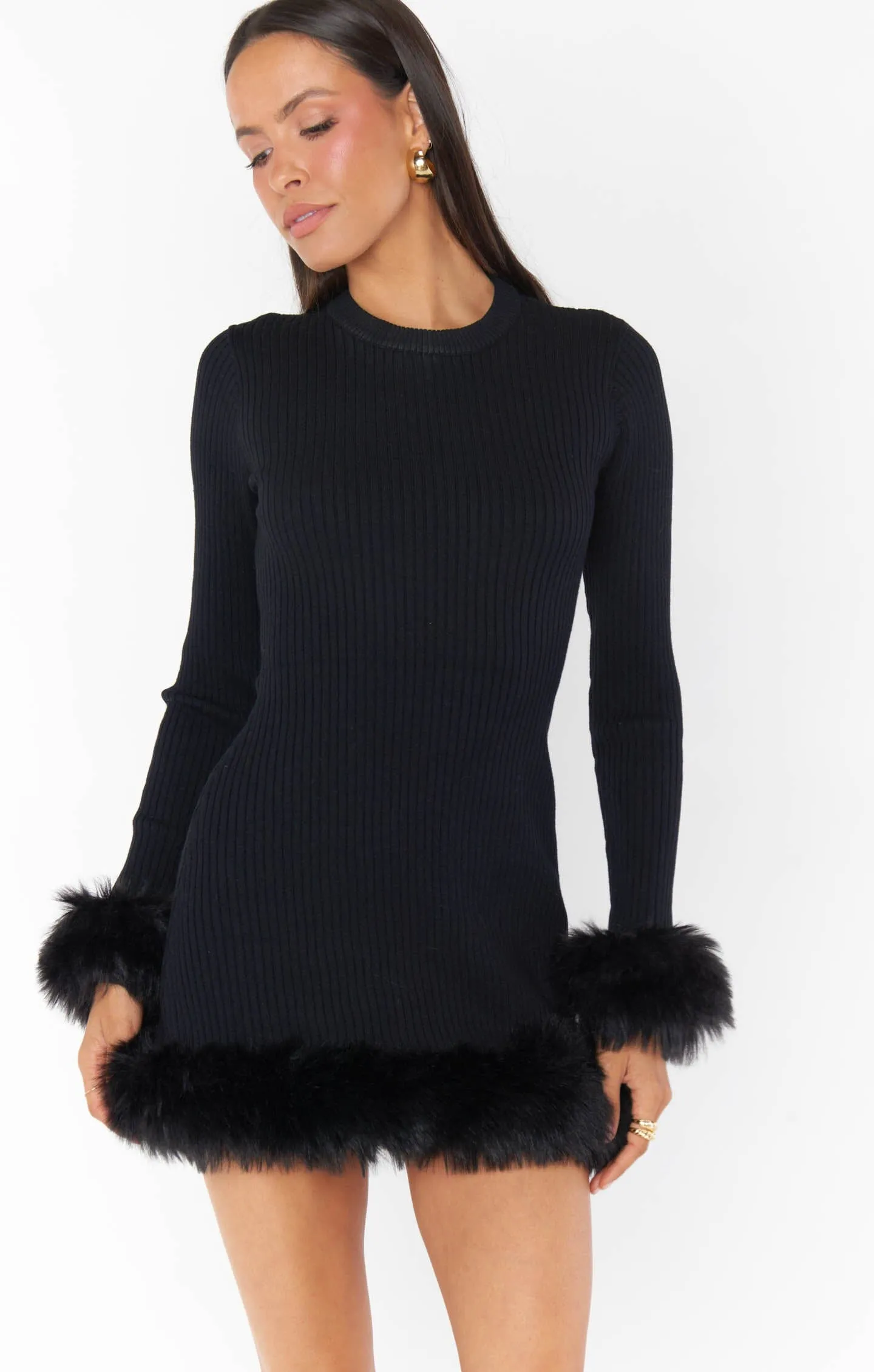 Fran Mini Dress | Black Knit w/Faux Fur