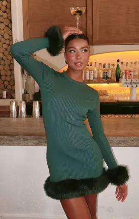 Fran Mini Dress ~ Emerald Knit with Faux Fur