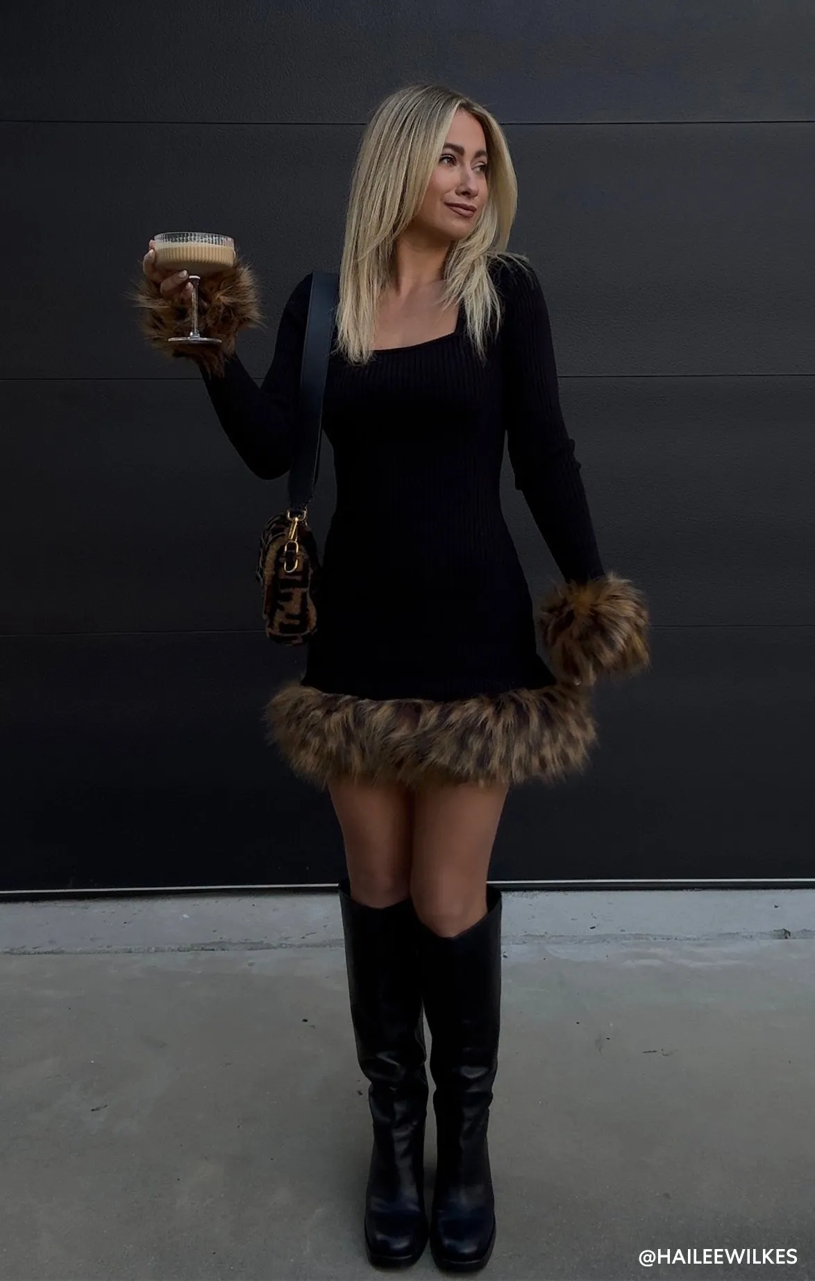 Francine Mini Dress ~ Black Knit with Faux Fur