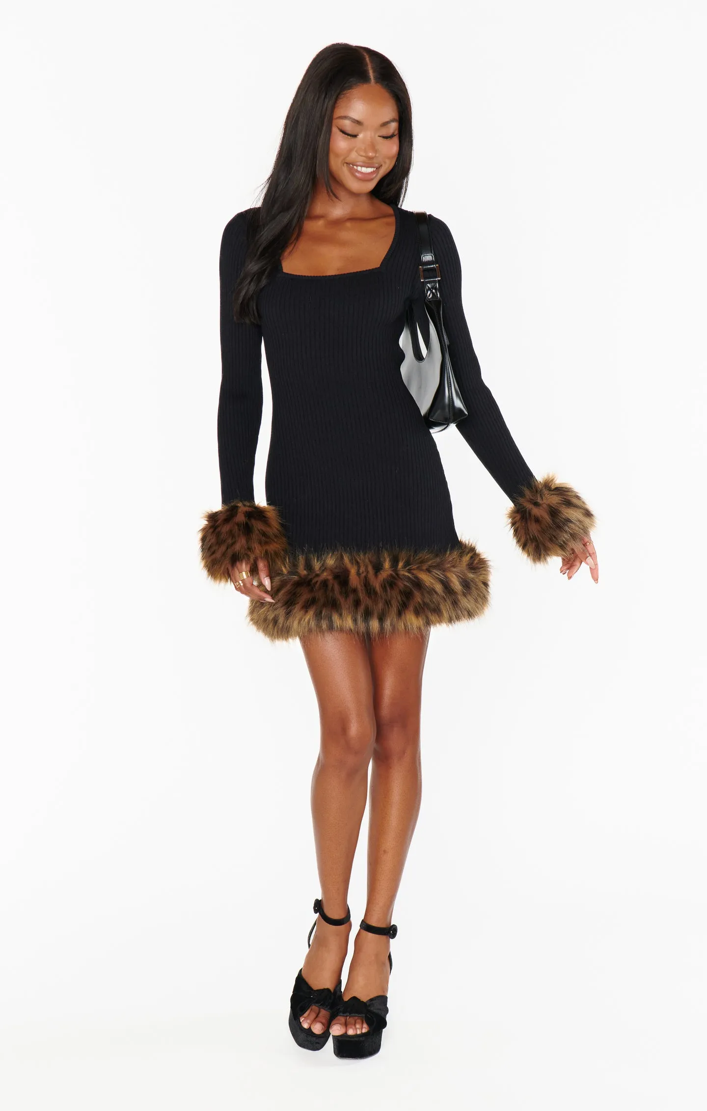 Francine Mini Dress ~ Black Knit with Faux Fur