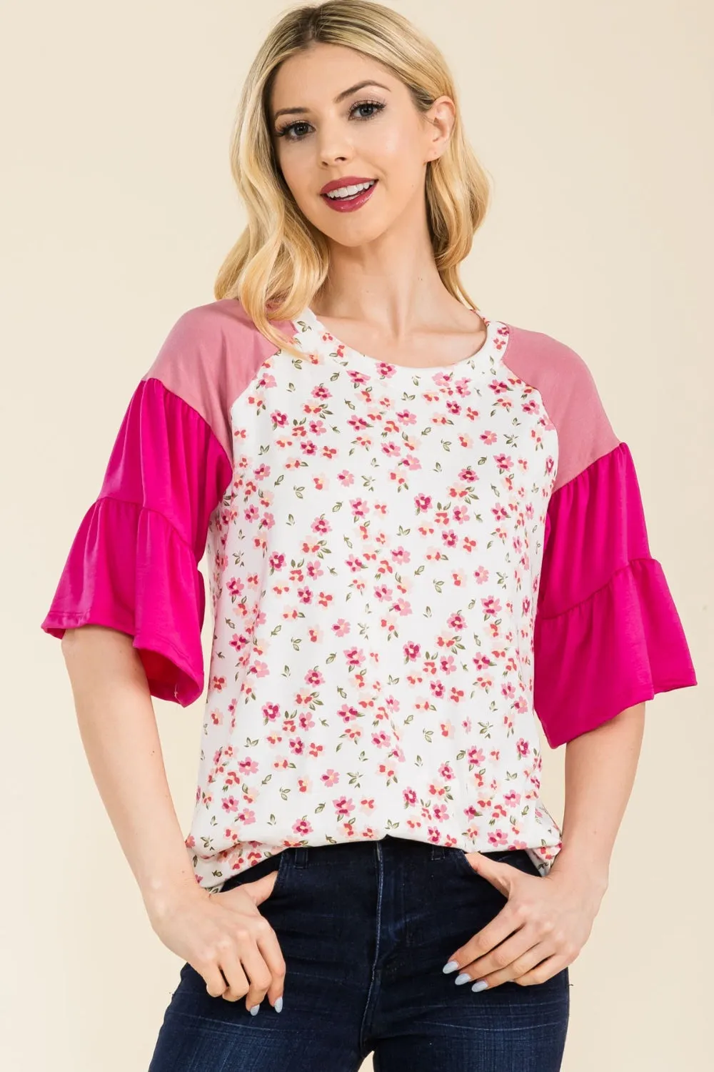 Full Size Floral Contrast Bell Sleeve Top