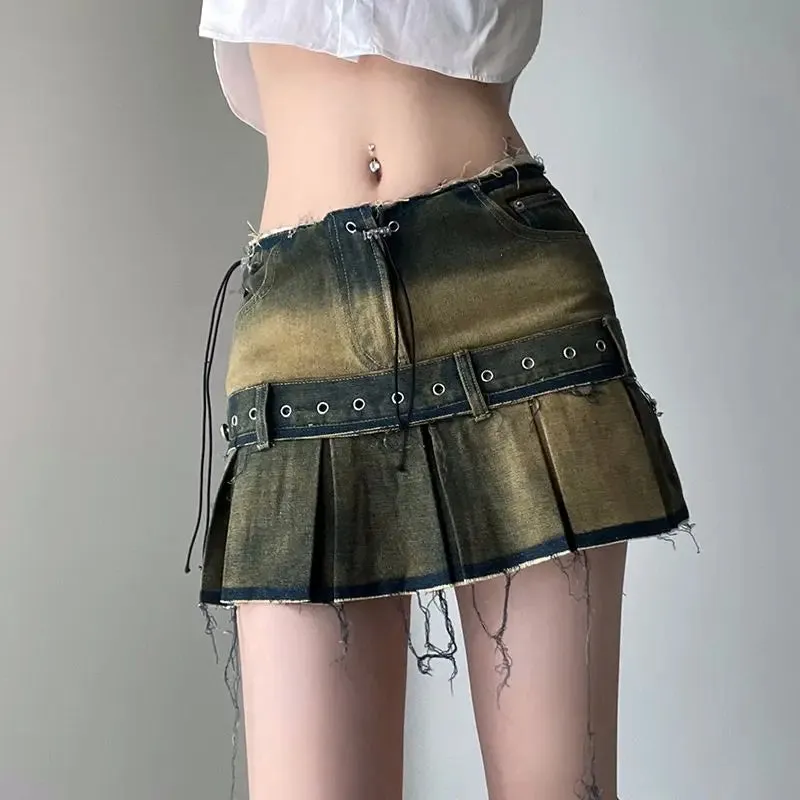 Girlary Punk Low Y2k Mini Pleated Skirt 2024 Autumn Hot Sexy Mini Dress Vintage Grunge 2000 Women's