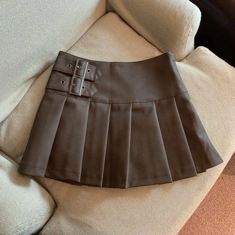 Girlary S-3XL Y2K Pu Leather Mini Skirts Women Streetwear High Waist Pleated Skirt Vintage Korean Black Slim Casual A Line Skirts