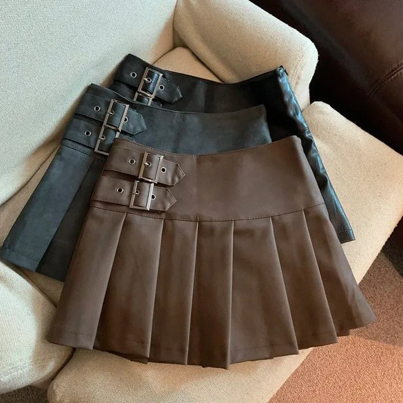 Girlary S-3XL Y2K Pu Leather Mini Skirts Women Streetwear High Waist Pleated Skirt Vintage Korean Black Slim Casual A Line Skirts