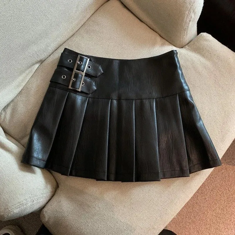 Girlary S-3XL Y2K Pu Leather Mini Skirts Women Streetwear High Waist Pleated Skirt Vintage Korean Black Slim Casual A Line Skirts