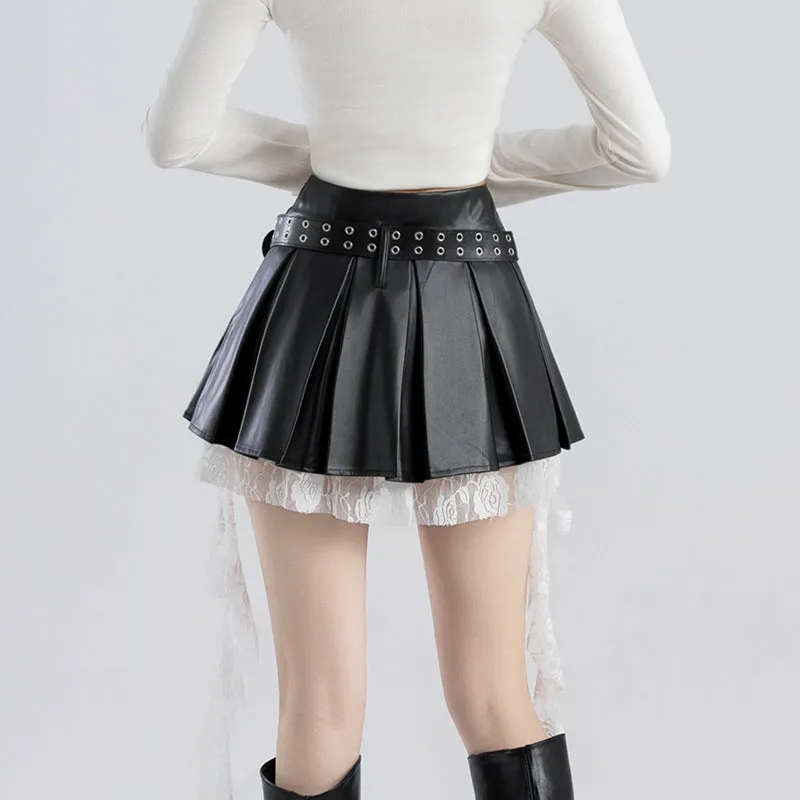 Girlary-shop cybergoth dress to impress Hot Girl Style American Lace Ribbon Stitching PU Leather Skirt Women's Sexy Sweet Cool Wear Motorcycle Pleated Skirt