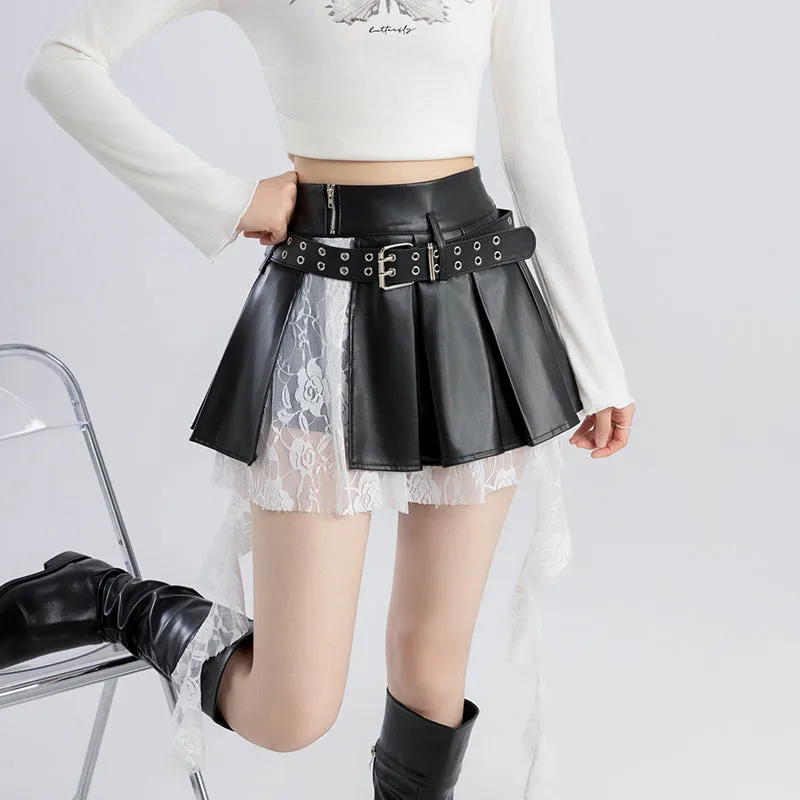 Girlary-shop cybergoth dress to impress Hot Girl Style American Lace Ribbon Stitching PU Leather Skirt Women's Sexy Sweet Cool Wear Motorcycle Pleated Skirt