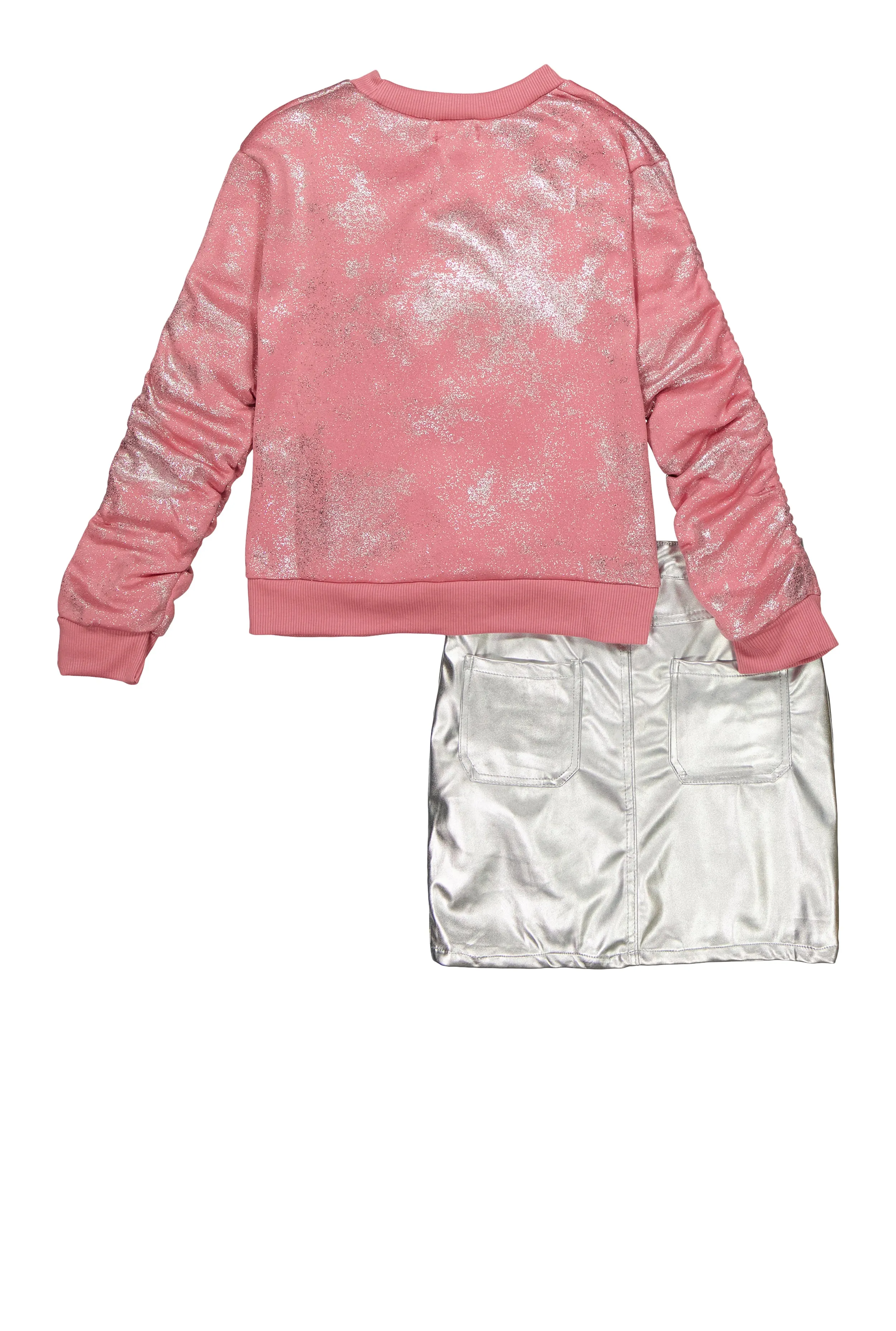 Girls Foil Screen Sweatshirt and Faux Leather Skirt