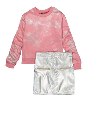 Girls Foil Screen Sweatshirt and Faux Leather Skirt