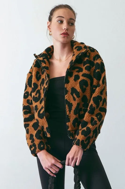 Going Wild Leopard Faux Sherpa Zip Up Jacket