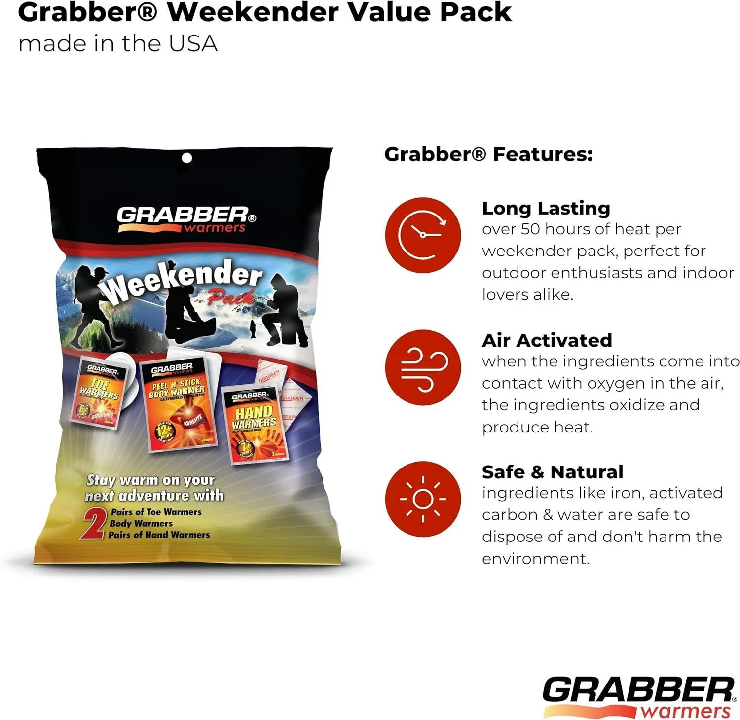 Grabber Warmers Weekender Multi-Warmer Pack, 2 Pair Hand, 2 Pair Toe, 2 Peel N' Stick Body Warmers, 6-Count