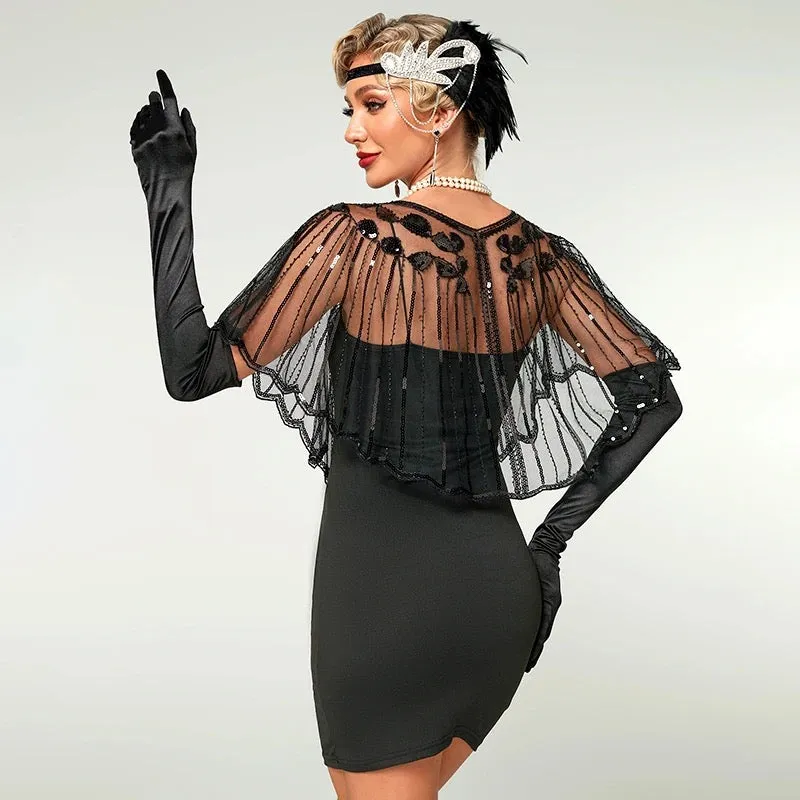 Great Gatsby 1920's Bridal Flapper Sequin Cape - Black