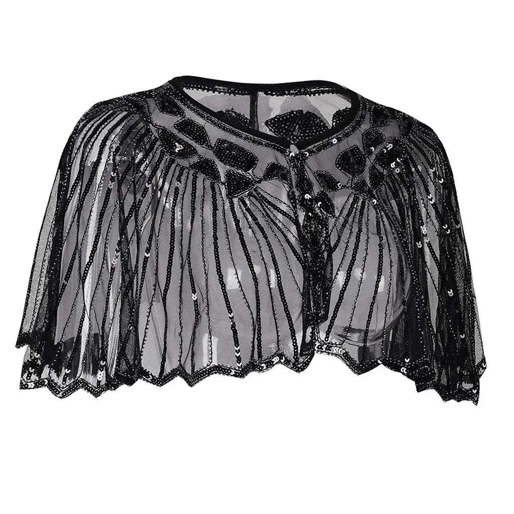 Great Gatsby 1920's Bridal Flapper Sequin Cape - Black