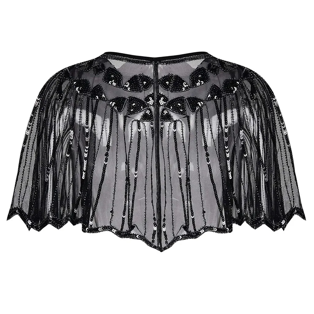 Great Gatsby 1920's Bridal Flapper Sequin Cape - Black