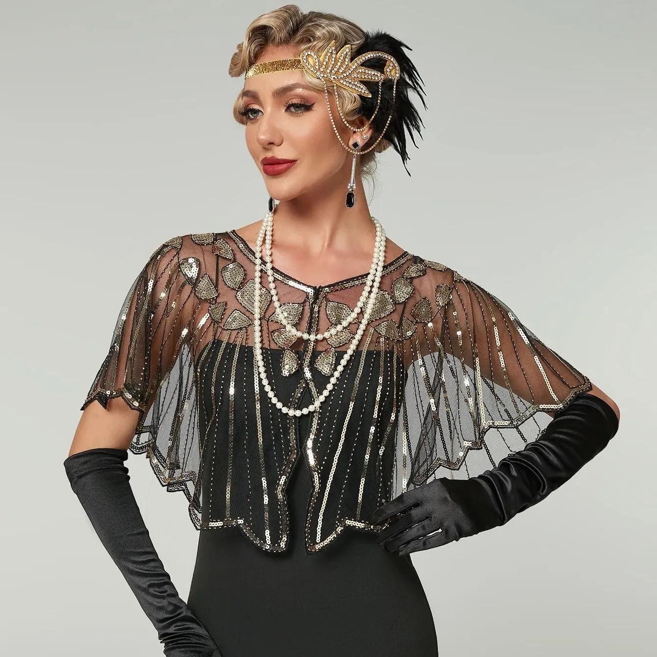 Great Gatsby 1920's Bridal Flapper Sequin Cape - Gold/Black