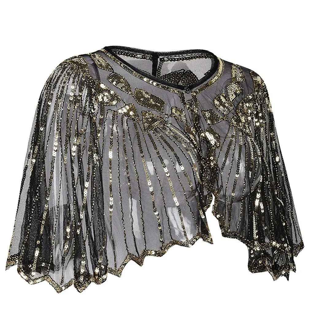 Great Gatsby 1920's Bridal Flapper Sequin Cape - Gold/Black