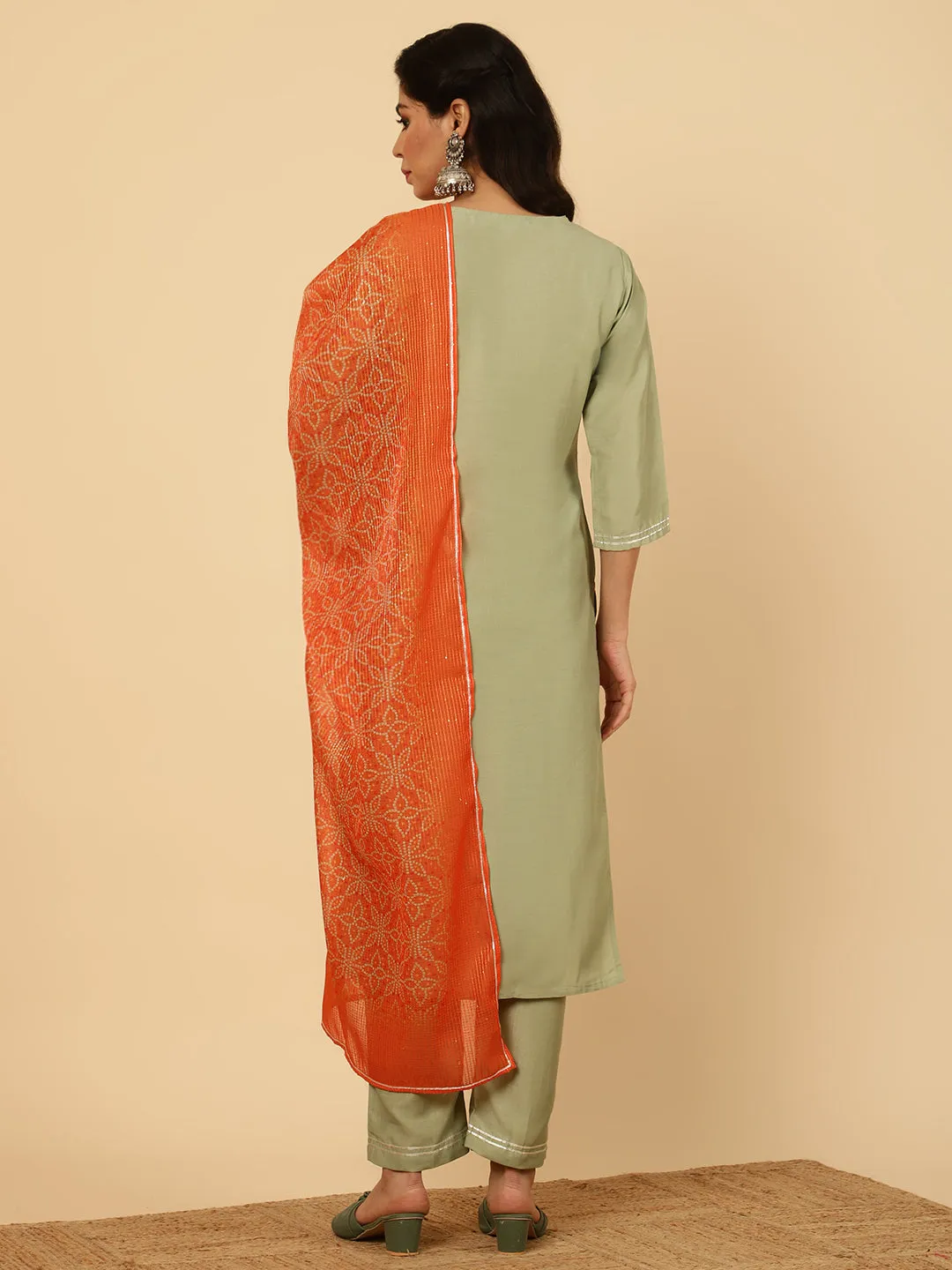 Green Embroidered Straight Kurta With Pants And Dupatta