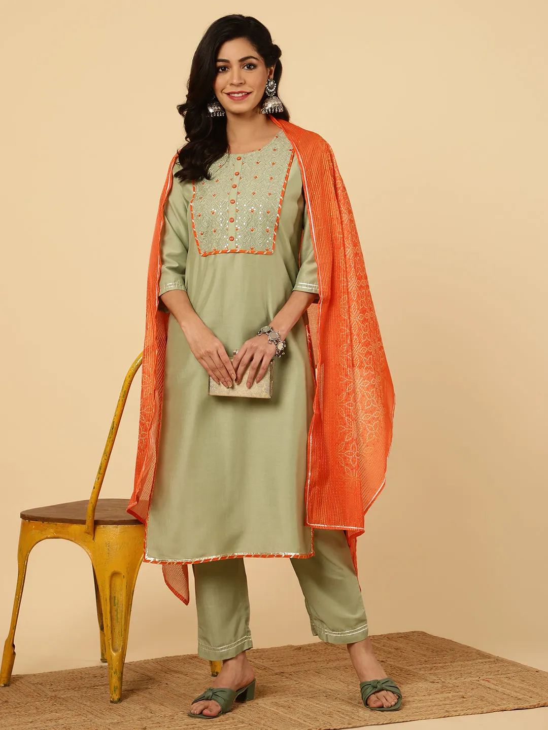 Green Embroidered Straight Kurta With Pants And Dupatta