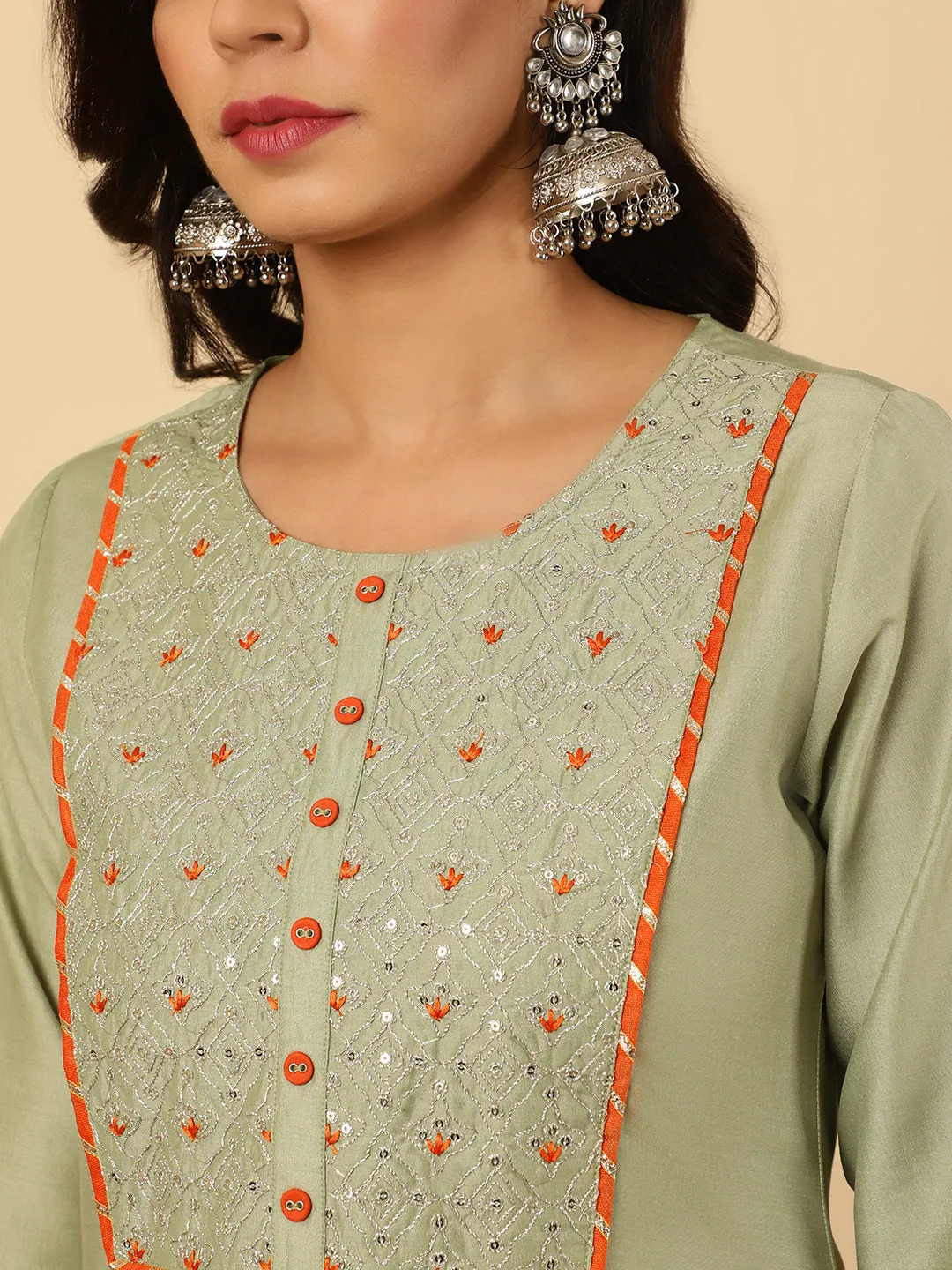 Green Embroidered Straight Kurta With Pants And Dupatta