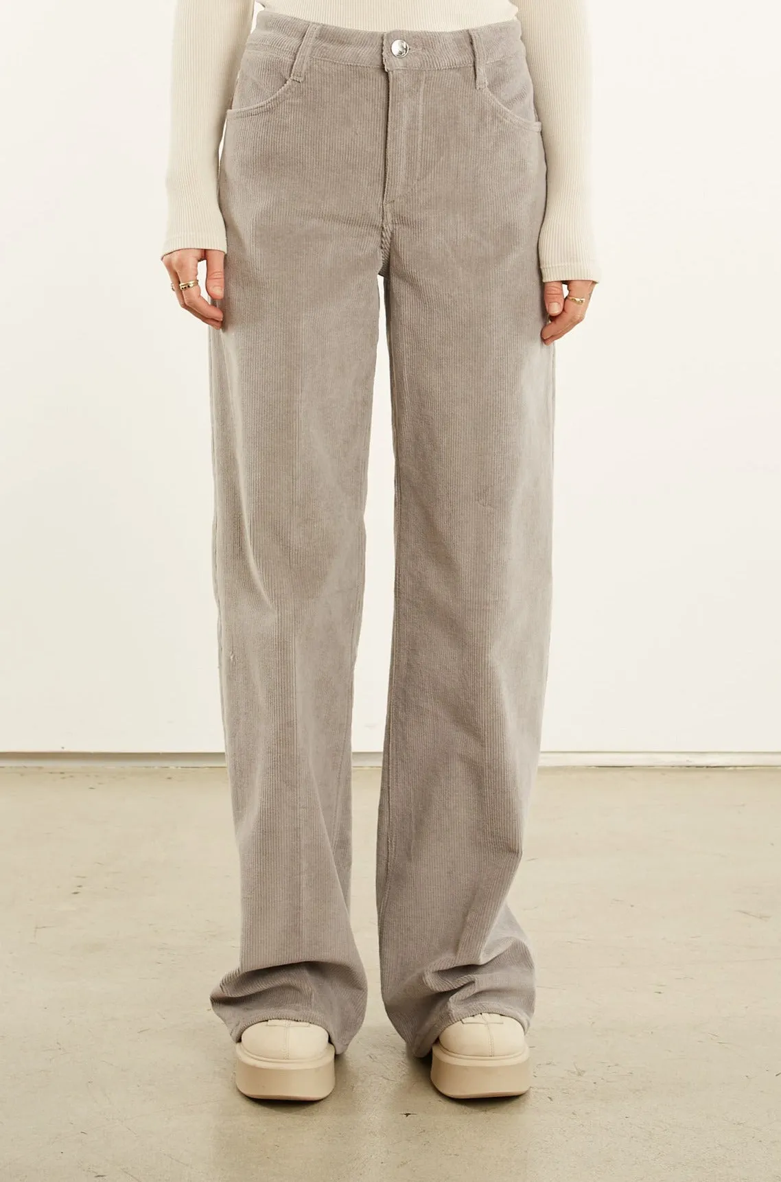 Grey Corduroy Wide Leg Trousers