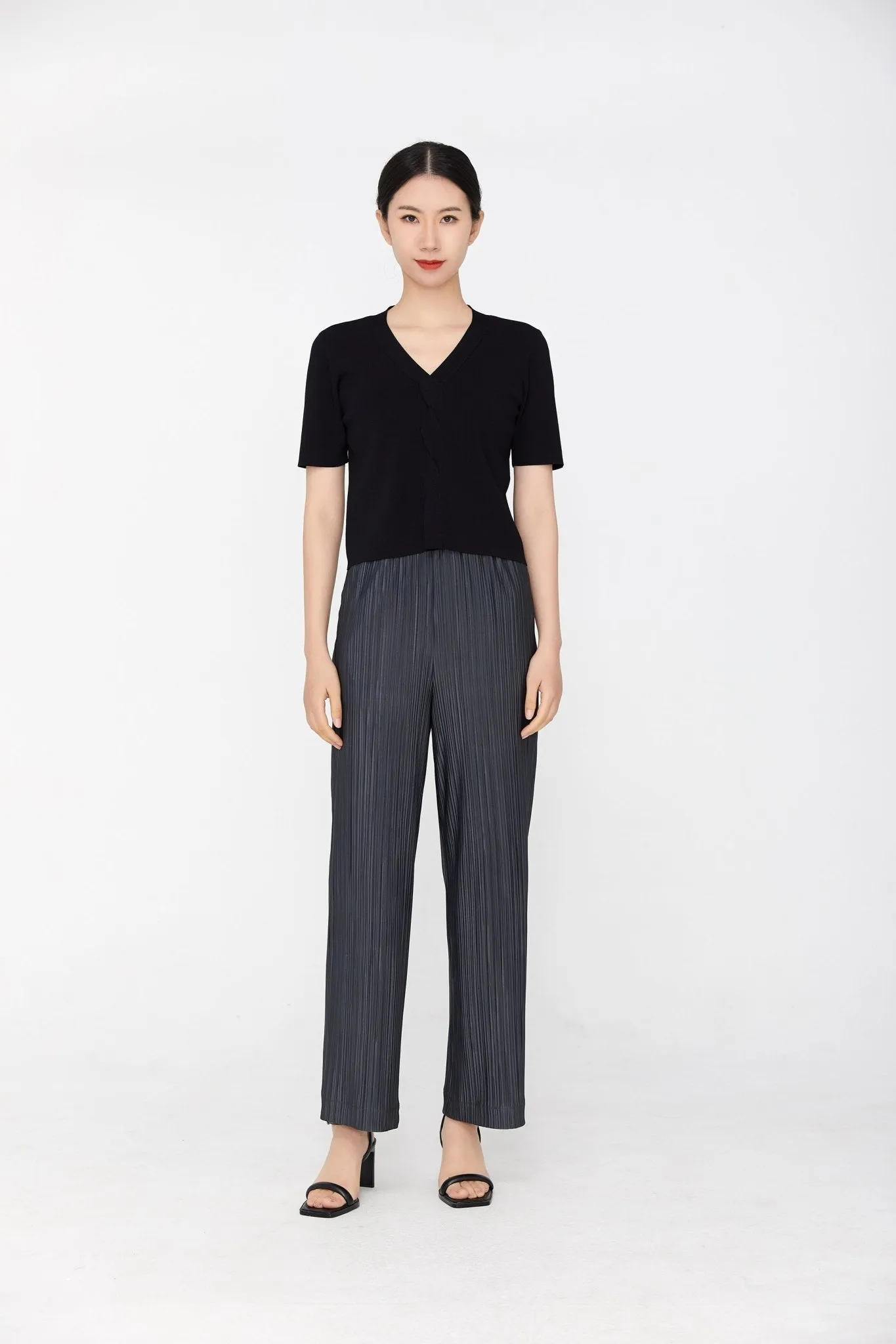 Grey Striped Folds Straight Leg Pants